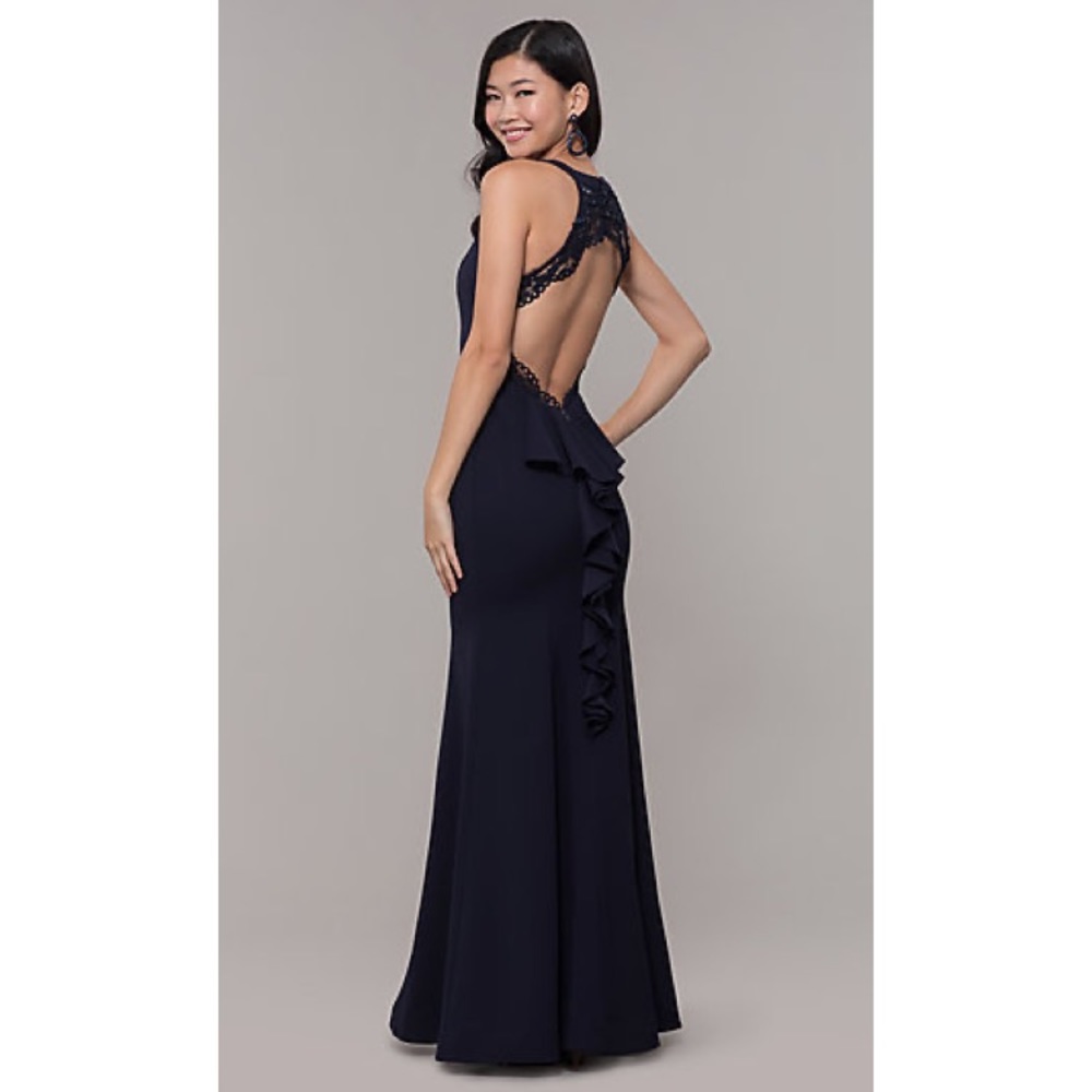 Sequin Hearts High-Neck Navy Backless Gown